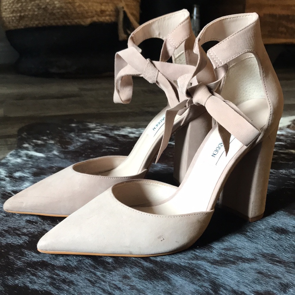 Tan suede pointed toe ankle tie heels
